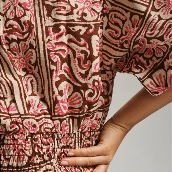 Anthropologie Tie-Front Linen Top in Brown And Pink XL New - Picture 4 of 11